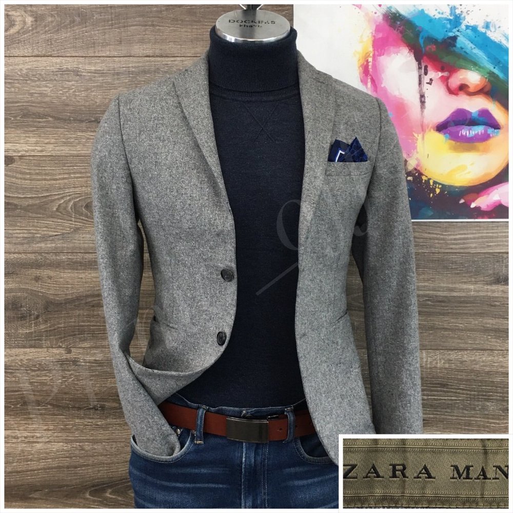 Zara Mens Blazer Sport Coat Two Button Wool Jacket 36S Slim Men Casual Suits